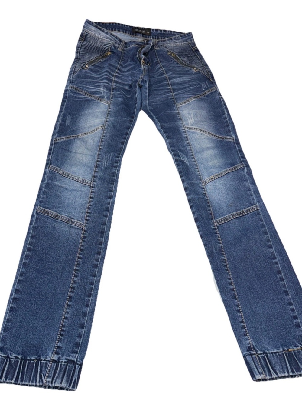 London Rag Moto Skinny Jeans Men's 30x32 Medium Wash Blue Ribbed Panels Jogger